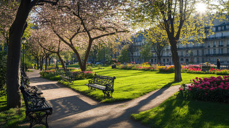 Experience a serene spring day in a tranquil park filled with vibrant flowers and lush greenery. Sunlight filters through trees, creating a peaceful atmosphere.の素材