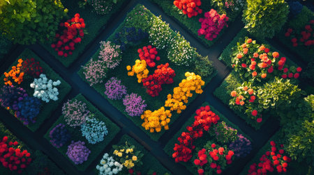 A stunning aerial view of vibrant flower beds in a tranquil garden, showcasing a rich variety of colors and arrangements, perfect for garden enthusiasts and nature lovers.の素材