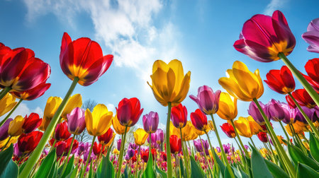 A stunning view of colorful tulips blooming under a bright sky, showcasing the beauty of nature in springtime. Perfect for floral-themed projects.の素材