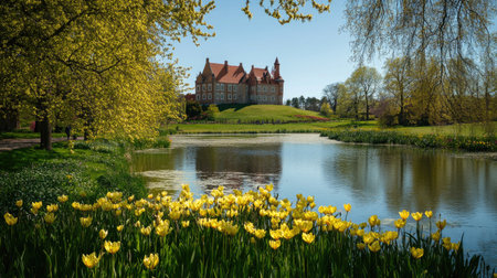 Experience a serene public garden scene featuring vibrant yellow flowers by a tranquil lake, surrounded by lush greenery and a charming heritage building.の素材