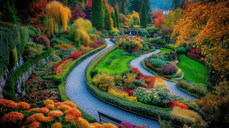 Explore a vibrant autumn scene at Butchart Gardens, showcasing brilliant foliage, winding paths, and colorful flowers in a serene outdoor landscape.の素材