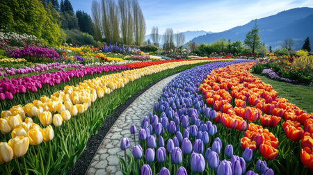 Experience the beauty of vibrant flower beds set against a scenic landscape, showcasing nature's colors in an ideal outdoor setting. Perfect for spring.の素材