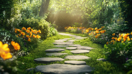 Discover a tranquil pathway lined with vibrant flowers and lush greenery. This serene garden scene invites relaxation and exploration in nature's beauty.の素材