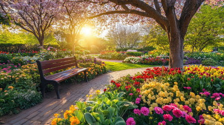 A beautiful blooming garden featuring vibrant flowers in a serene setting. Sunlight filters through trees, enhancing the peaceful atmosphere. Ideal for spring enthusiasts.の素材