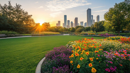 A vibrant city garden at sunrise showcasing colorful flowers and a stunning skyline. Experience the beauty of nature and urban life in harmony.の素材