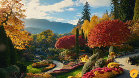 Experience the vibrant colors of autumn in Butchart Gardens, showcasing a breathtaking array of foliage and flowers in a serene and picturesque setting.の素材