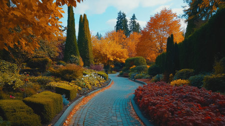 Experience the vibrant autumn hues along the peaceful pathway of Butchart Gardens. This serene landscape showcases the beauty of seasonal foliage and tranquility.の素材