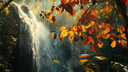 Experience the enchanting scene of a waterfall surrounded by vibrant autumn leaves in Huai Mae Khamin, Thailand, showcasing nature's serene beauty.の素材