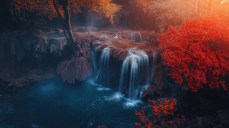 Discover the tranquil beauty of Huai Mae Khamin Waterfall, surrounded by vibrant autumn foliage, creating a serene natural escape and picturesque landscape.の素材