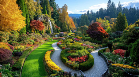 Experience the vibrant autumn colors at Butchart Gardens, showcasing stunning landscapes and peaceful paths. A perfect destination for nature lovers and photographers.の素材