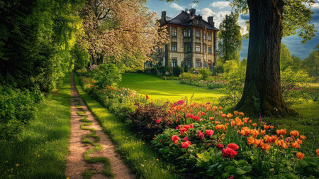 A picturesque castle surrounded by a lush garden filled with vibrant flowers, offering a serene pathway through the greenery, perfect for a tranquil escape.の素材