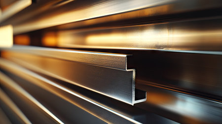 This close-up image showcases stunning metallic profiles, highlighting intricate textures and sleek lines. The play of light adds a striking visual appeal, perfect for artistic or industrial themes.の素材
