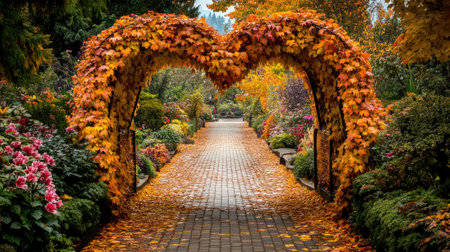 Experience the enchanting beauty of autumn at Butchart Gardens. A vibrant pathway adorned with colorful foliage creates a serene and inviting atmosphere.の素材