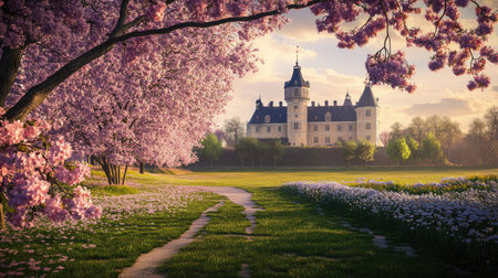 Discover the enchanting Krapperups Slott castle surrounded by a vibrant spring landscape, blooming flowers, and lush greenery, perfect for nature lovers.の素材