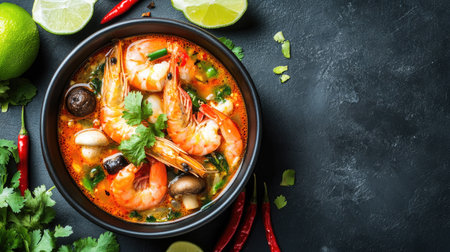A beautifully arranged bowl of Tom Yum Goong with shrimp, lemongrass, and mushrooms, placed on a table with chili and fresh lime wedges.の素材
