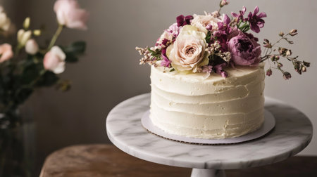 A beautifully frosted cake with a delicate floral design and edible flowers, arranged on a marble cake stand.の素材