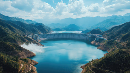 A bird's-eye view of a large dam with open space in the sky and along the water for text overlay. Mountains frame the background.の素材