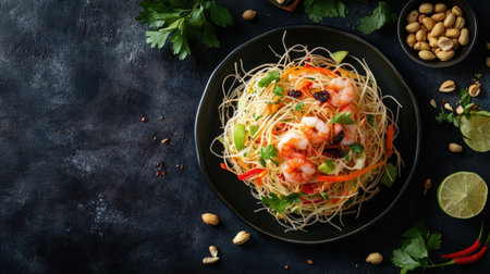 A beautifully presented papaya salad garnished with peanuts, lime, and dried shrimp, placed on a dark textured background, providing room for copy.の素材