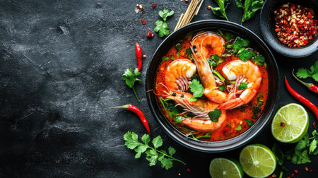 A bowl of Tom Yum Goong soup with shrimp and herbs, surrounded by Thai ingredients like chili, lime, and lemongrass on a dark table.の素材