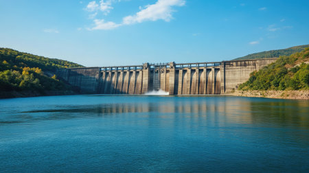 A concrete dam set against a bright blue sky. A calm river flows in front, leaving plenty of room for text in the wide sky.の素材