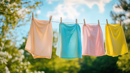A clothesline with laundry hanging on it against a serene outdoor background, providing ample space for copy.の素材