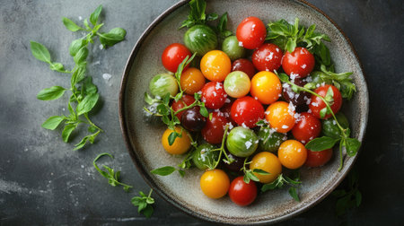 A colorful display of cherry and vine tomatoes on a ceramic plate, sprinkled with salt and surrounded by fresh herbs.の素材