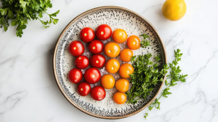 A colorful display of cherry and vine tomatoes on a ceramic plate, sprinkled with salt and surrounded by fresh herbs.の素材