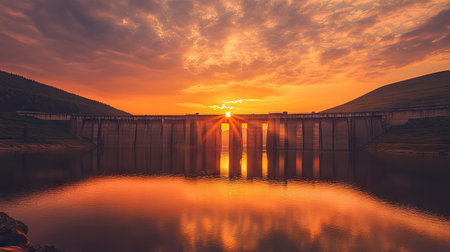 A dam at sunset with glowing orange sky and reflections in the calm water below, offering copy space in the wide sky. -の素材
