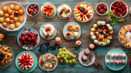 A colorful dessert spread featuring assorted pastries and confections, including fruit tarts and macarons, arranged on a rustic wooden table. -の素材