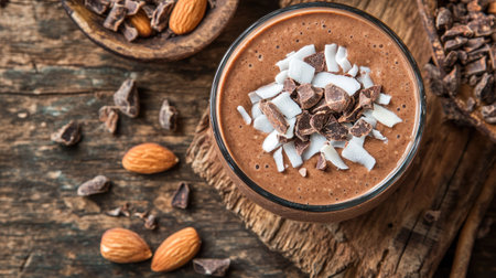 A creamy chocolate smoothie topped with cacao nibs, coconut flakes, and almonds, placed on a rustic wooden table with scattered cocoa beans.の素材