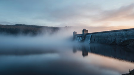 A dam in the early morning light, with mist rising from the water. The sky and still lake offer perfect copy space.の素材