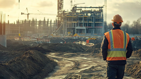 A construction site in the distance with an engineer in the foreground, leaving space for copy above.の素材