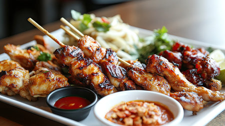 A delectable spread of Thai appetizers including satay skewers, chicken wings, and a variety of dipping sauces, served on a clean white plate.の素材