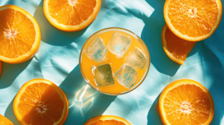 A colorful top-down view of a glass of orange juice with ice, surrounded by vibrant orange slices and a bright summer napkin.の素材