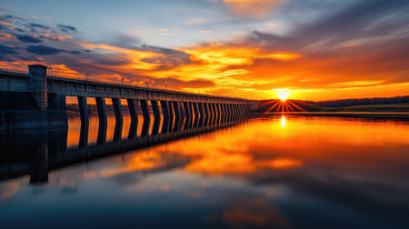 A dam at sunset with glowing orange sky and reflections in the calm water below, offering copy space in the wide sky. -の素材