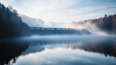 A dam in the early morning light, with mist rising from the water. The sky and still lake offer perfect copy space.の素材