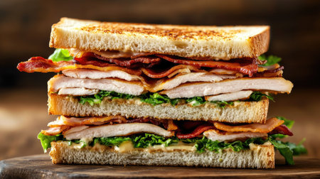A delicious club sandwich with layers of turkey, bacon, and lettuce, with a large clean area in the background for text.の素材