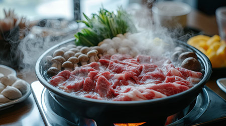 A delicious Shabu-Shabu setup with raw ingredients like beef, mushrooms, and vegetables neatly arranged around a steaming hot pot.の素材