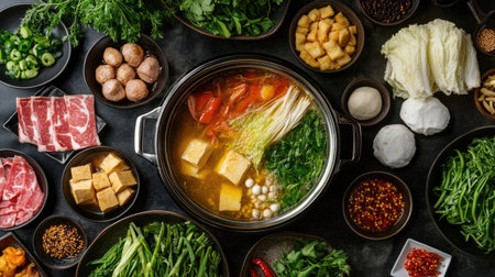 A delicious Shabu-Shabu setup with a hot pot filled with simmering broth, surrounded by plates of fresh vegetables, meat, and tofu.の素材