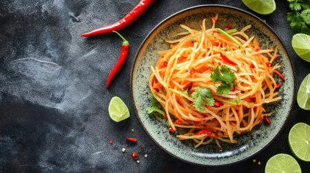 A delicious serving of papaya salad on a ceramic plate, with fresh chili peppers and lime wedges placed around it, creating space for text in the background.の素材
