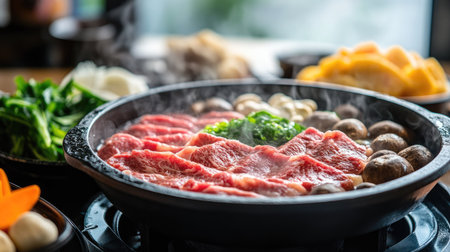 A delicious Shabu-Shabu setup with raw ingredients like beef, mushrooms, and vegetables neatly arranged around a steaming hot pot.の素材