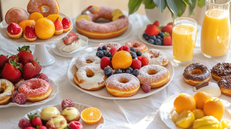 A delightful breakfast spread with assorted donuts, fresh fruit, and a glass of orange juice, arranged on a white tablecloth.の素材