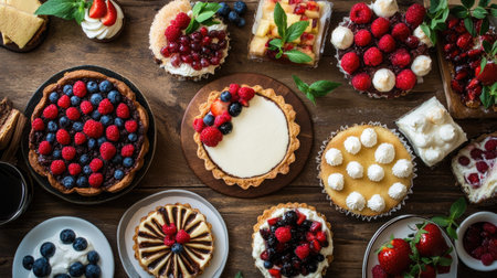 A delightful spread of assorted desserts including tiramisu, panna cotta, and fruit tarts, elegantly arranged on a wooden tableの素材
