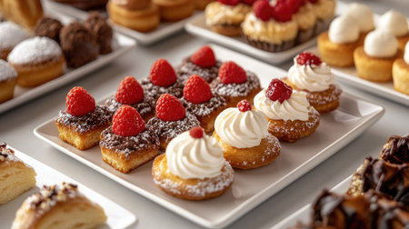 A delightful spread of assorted dessert pastries, including clairs, tarts, and cream puffs, arranged on a clean white plate.の素材