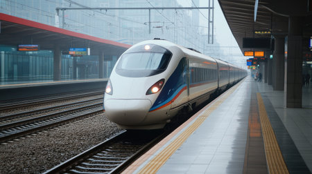 A high-speed train at a station platform with a clean, modern background providing ample space for textの素材