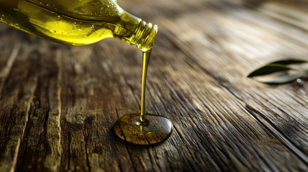 A drizzle of olive oil on a wooden surface with a clear background above for text or design.の素材