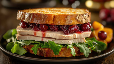 A fresh turkey and cranberry sandwich with leafy greens and a drizzle of sauce, served on a plate with a side of fruit.の素材