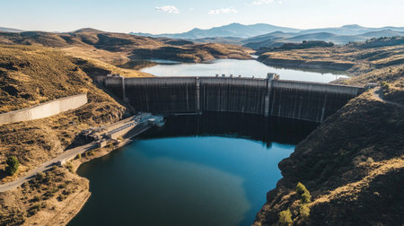 A high-altitude shot of a dam with clear skies and reflective water, perfect for overlaying text in the open areas.の素材