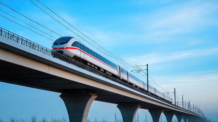 A high-speed train in motion on a bridge with a clear, expansive sky providing ample space for text.の素材