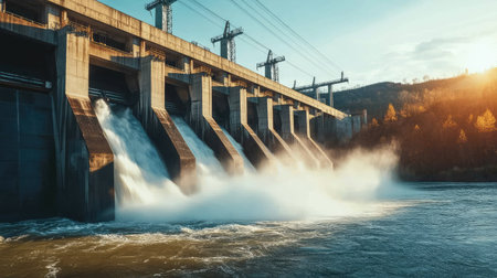 A hydroelectric dam generating power, with ample water surface and clear sky providing space for overlaying text.の素材